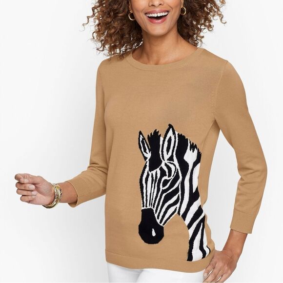 Talbots Zebra Head Crewneck Pullover Knit Top Sweater Tan Petite Large - Picture 1 of 14